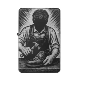 Personalisierbares Feuerzeug mit Gravur – Schuster bei der Arbeit mit Schuh und Hammer