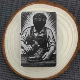 Schuster-Feuerzeug mit Handwerker-Motiv – personalisierbar als Geschenk für Schuhliebhaber