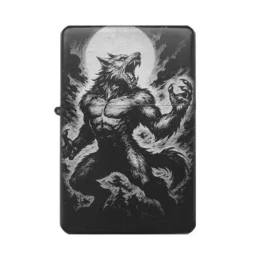 Werwolf Feuerzeug mit Vollmond Gravur auf schwarzem Metall