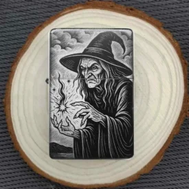 Personalisiertes Feuerzeug mit bedrohlichem Hexe-Motiv und Zauberspruch, stimmungsvoll auf einer Holzscheibe arrangiert.