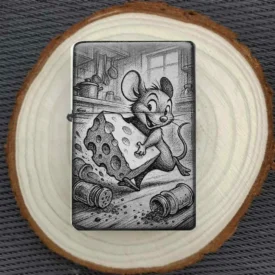 Personalisiertes Feuerzeug mit lustiger Maus und Käse-Motiv, stimmungsvoll auf einer Holzscheibe arrangiert.