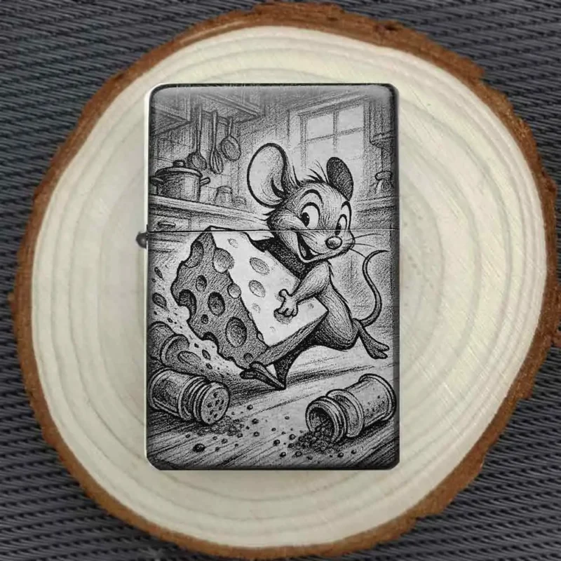 Personalisiertes Feuerzeug mit lustiger Maus und Käse-Motiv, stimmungsvoll auf einer Holzscheibe arrangiert.
