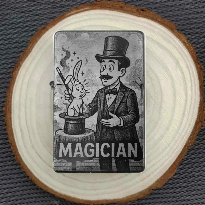 Personalisiertes Feuerzeug mit humorvoller Magier- und Kaninchen-Gravur, stimmungsvoll auf einer Holzscheibe arrangiert.