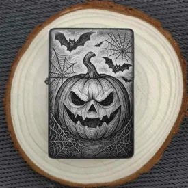 Personalisiertes Feuerzeug mit bedrohlichem Halloween-Kürbis-Motiv, Spinnennetzen und Fledermäusen, stimmungsvoll auf einer Holzscheibe arrangiert.