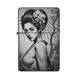 Geisha Gravur auf schwarzem Metallfeuerzeug mit Sakura-Motiv