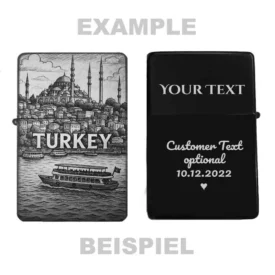 Türkei Sight Seeing Motiv Feuerzeug mit Beispiel Gravurtext Rückseite
