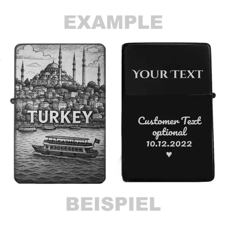 Türkei Sight Seeing Motiv Feuerzeug mit Beispiel Gravurtext Rückseite