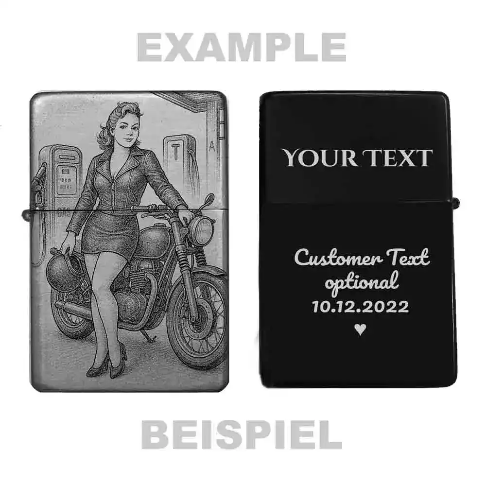 Beispielbild mit Gravuroption auf Rückseite – Vintage-Feuerzeug mit Motorrad-Lady