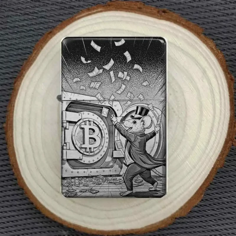 Personalisiertes Feuerzeug mit Bitcoin-Maus-Motiv und regnendem Geld, stimmungsvoll auf einer Holzscheibe arrangiert.