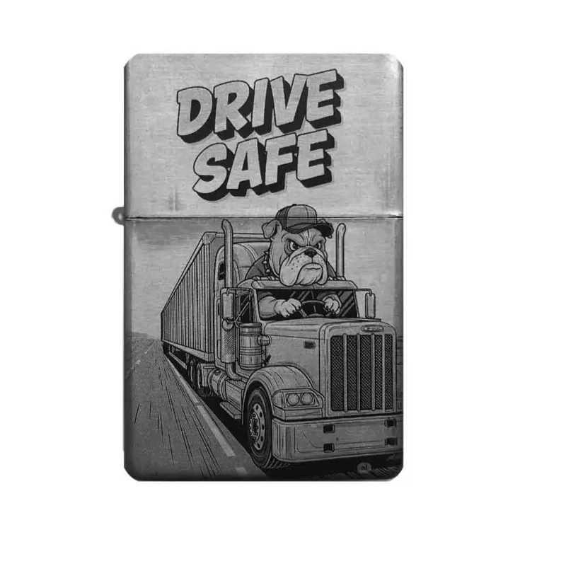 Frontansicht des mattschwarzen Benzinfeuerzeugs mit einer humorvollen Gravur einer Bulldogge, die einen LKW fährt, und dem Schriftzug "DRIVE SAFE".