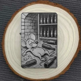 Personalisiertes Feuerzeug mit lustigem betrunkenen Maus-Motiv im Weinkeller, stimmungsvoll auf einer Holzscheibe arrangiert.