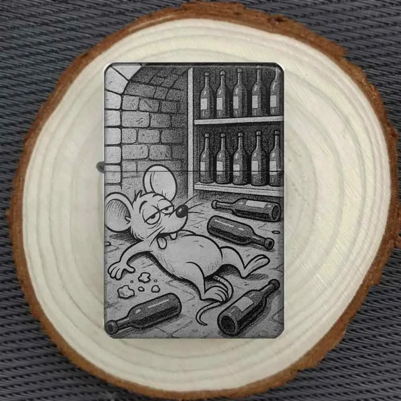 Personalisiertes Feuerzeug mit lustigem betrunkenen Maus-Motiv im Weinkeller, stimmungsvoll auf einer Holzscheibe arrangiert.
