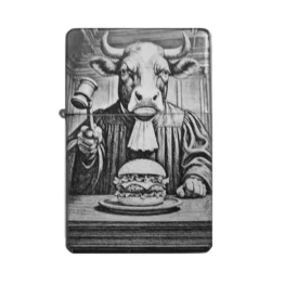 Frontansicht des mattschwarzen Benzinfeuerzeugs mit einer detailreichen Gravur eines Rindes im Richtergewand, das einen Hammer über einem Burger schwingt.