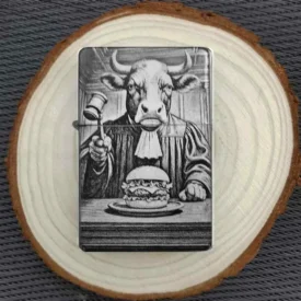 Personalisiertes Feuerzeug mit humorvollem Motiv eines Rindes als Richter vor einem Hamburger, stimmungsvoll auf einer Holzscheibe arrangiert.
