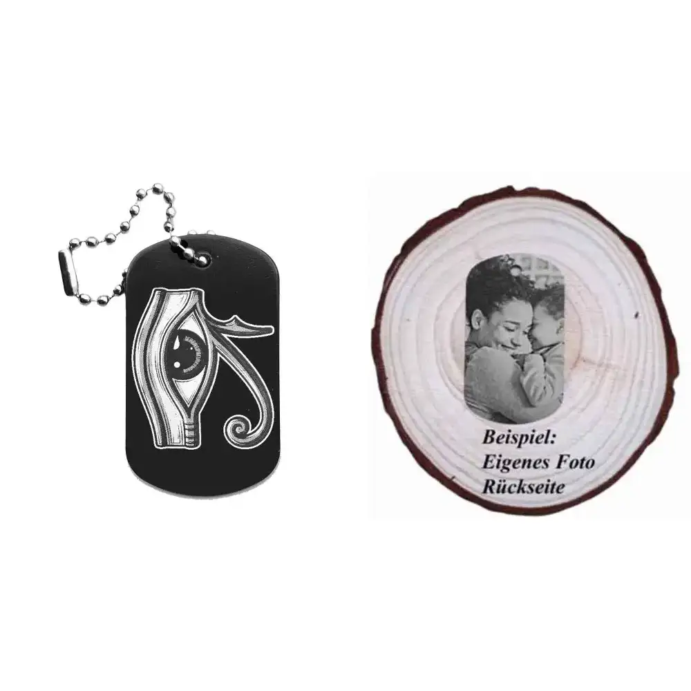 Dogtag mit Auge des Horus-Motiv, daneben Beispiel eines personalisierten Fotos