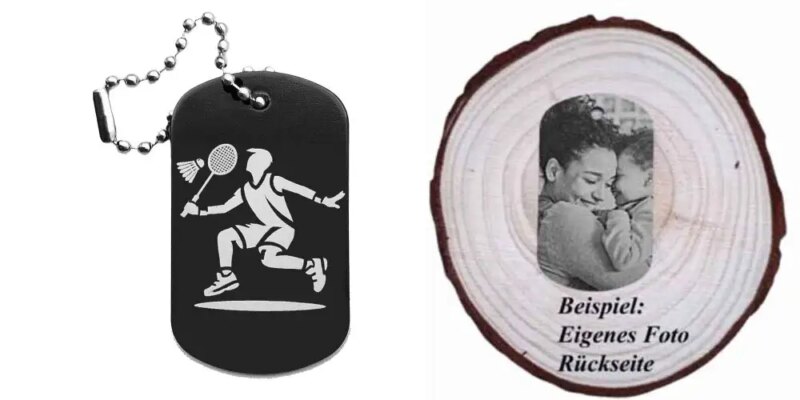 Schwarzer Dogtag Schlüsselanhänger mit Badminton-Spieler-Motiv, daneben Beispiel eines personalisierten Fotos auf der Rückseite.