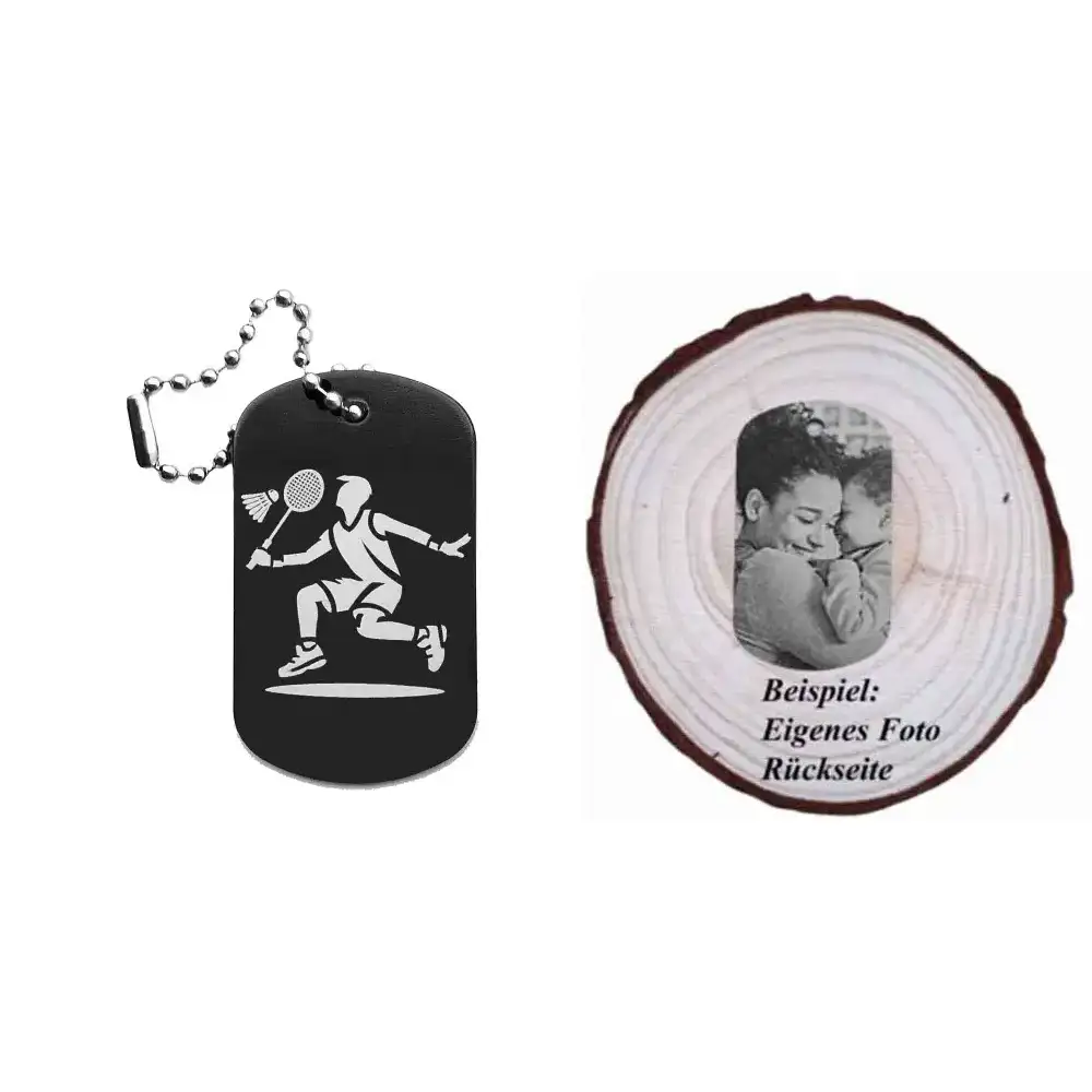 Schwarzer Dogtag Schlüsselanhänger mit Badminton-Spieler-Motiv, daneben Beispiel eines personalisierten Fotos auf der Rückseite.