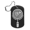 Schwarzer Dogtag Schlüsselanhänger mit detaillierter Lasergravur eines Badminton-Schlägers und Federballs.