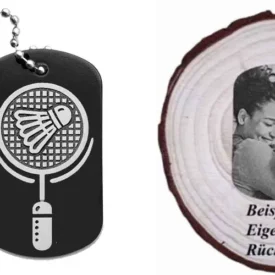 Schwarzer Dogtag Schlüsselanhänger mit Badminton-Motiv, daneben Beispiel eines personalisierten Fotos auf der Rückseite.