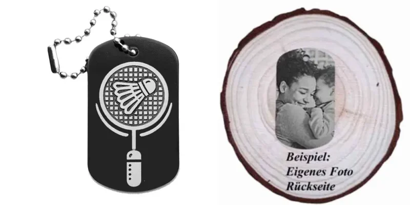 Schwarzer Dogtag Schlüsselanhänger mit Badminton-Motiv, daneben Beispiel eines personalisierten Fotos auf der Rückseite.