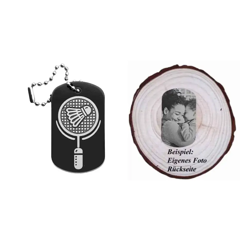 Schwarzer Dogtag Schlüsselanhänger mit Badminton-Motiv, daneben Beispiel eines personalisierten Fotos auf der Rückseite.