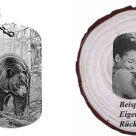 Schwarzer Dogtag Schlüsselanhänger mit Bärenmotiv, daneben Beispiel eines personalisierten Fotos auf der Rückseite.