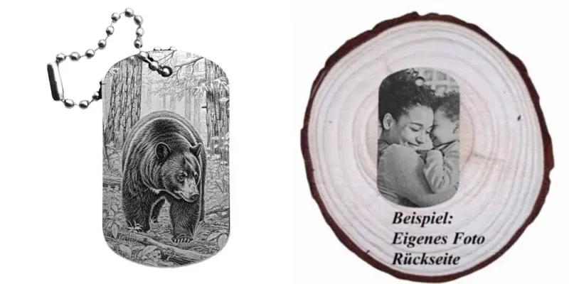 Schwarzer Dogtag Schlüsselanhänger mit Bärenmotiv, daneben Beispiel eines personalisierten Fotos auf der Rückseite.