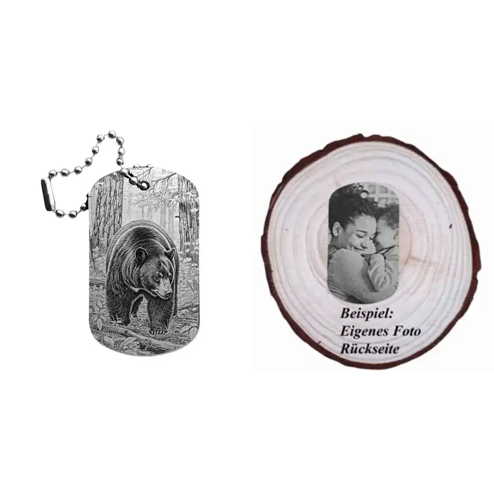 Schwarzer Dogtag Schlüsselanhänger mit Bärenmotiv, daneben Beispiel eines personalisierten Fotos auf der Rückseite.