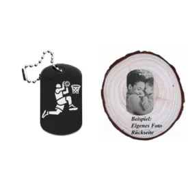 Dogtag mit Basketballmotiv, daneben Beispiel eines personalisierten Fotos
