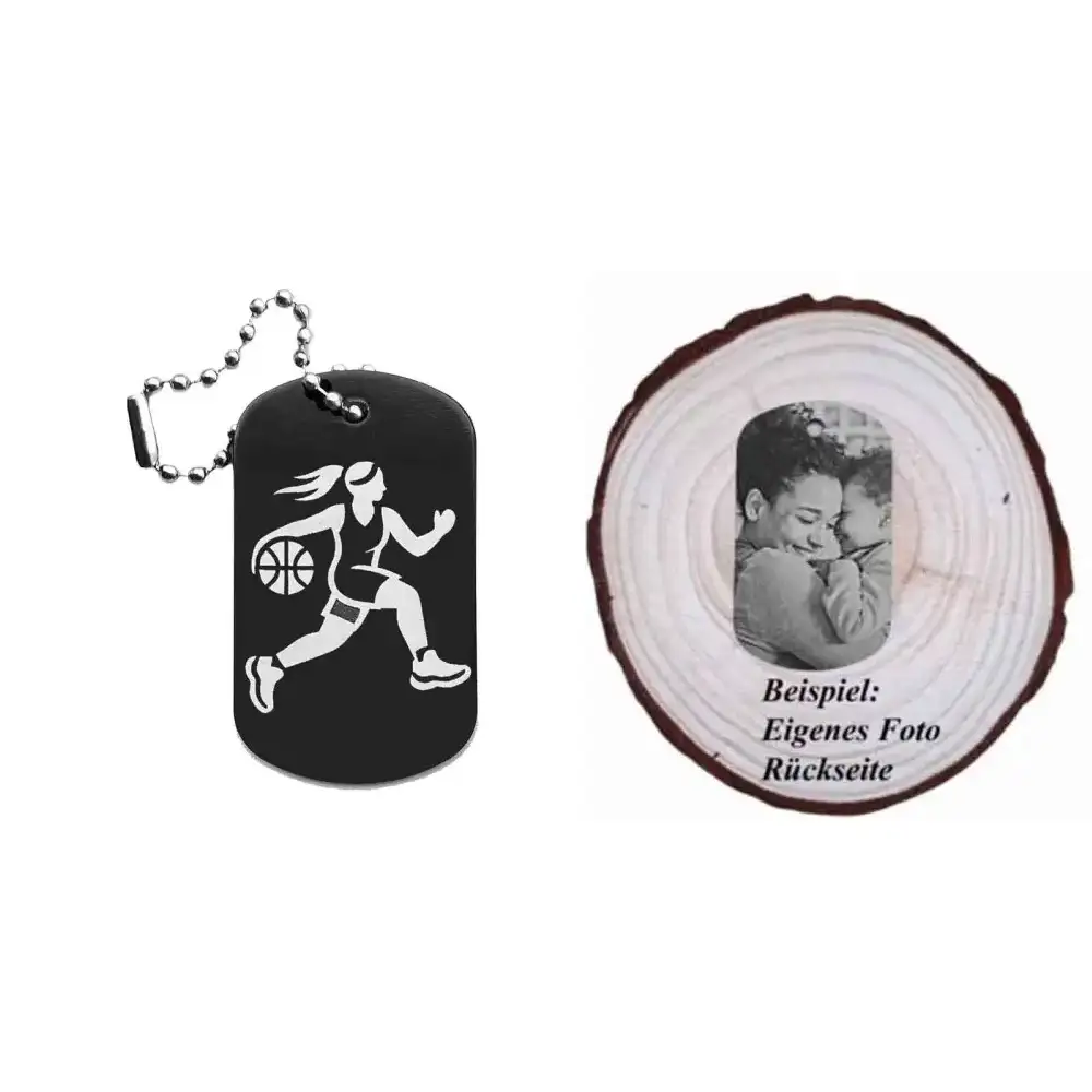 Schwarzer Dogtag Schlüsselanhänger mit Basketball-Frauen-Motiv, daneben Beispiel eines personalisierten Fotos auf der Rückseite.