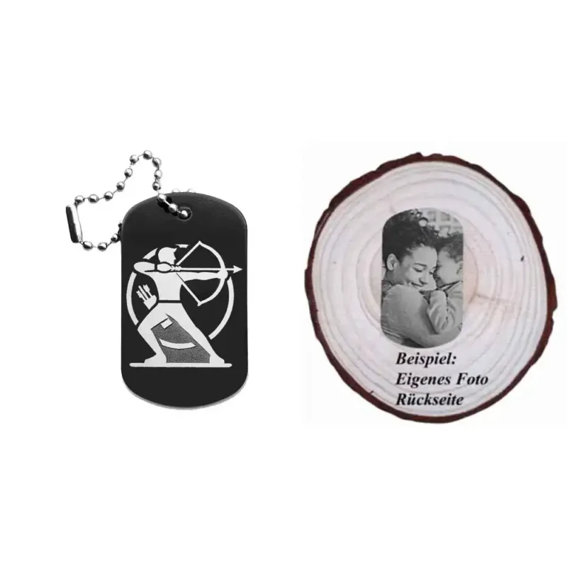 Dogtag mit Bogenschützenmotiv, daneben Beispiel eines personalisierten Fotos