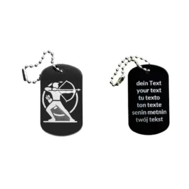 Dogtag mit Bogenschützenmotiv, daneben Beispiel eines personalisierten Textes