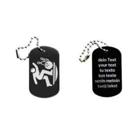 Dogtag mit Bowlingmotiv, daneben Beispiel eines personalisierten Textes