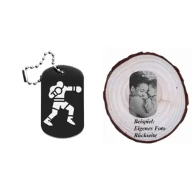 Dogtag mit Boxermotiv, daneben Beispiel eines personalisierten Fotos