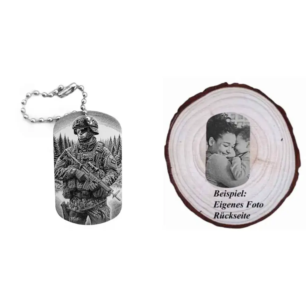 Dogtag mit Soldatenmotiv, daneben Beispiel eines personalisierten Fotos