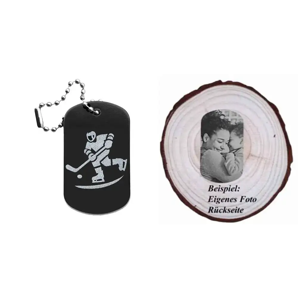 Dogtag mit Eishockeymotiv, daneben Beispiel eines personalisierten Fotos