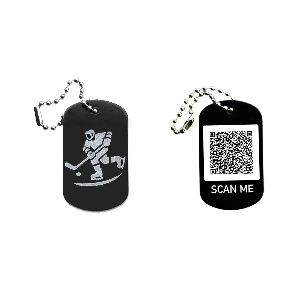 Dogtag mit Eishockeymotiv, daneben Beispiel eines personalisierten QR-Codes