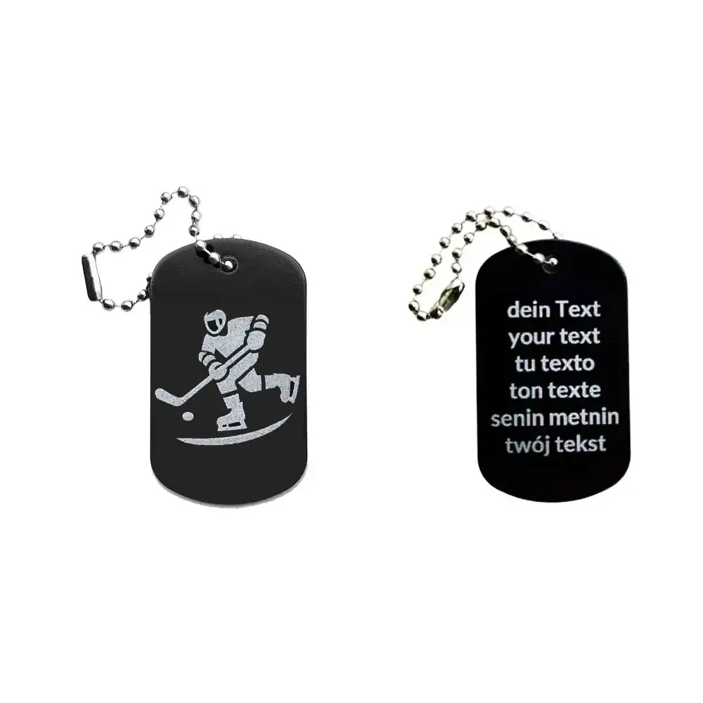 Dogtag mit Eishockeymotiv, daneben Beispiel eines personalisierten Textes