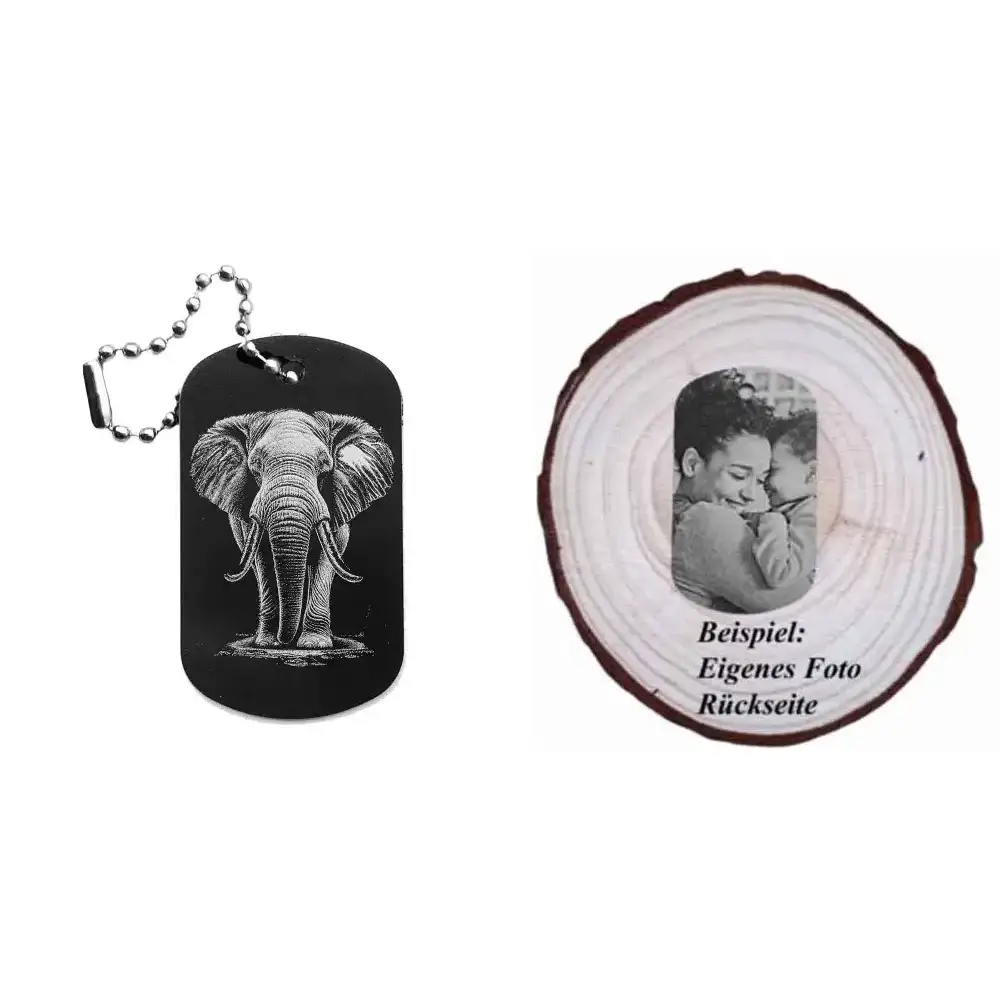 Dogtag mit Elefantenmotiv, daneben Beispiel eines personalisierten Fotos
