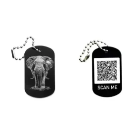 Dogtag mit Elefantenmotiv, daneben Beispiel eines personalisierten QR-Codes