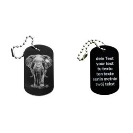 Dogtag mit Elefantenmotiv, daneben Beispiel eines personalisierten Textes