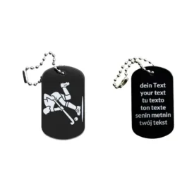 Dogtag mit Feldhockeymotiv, daneben Beispiel eines personalisierten Textes