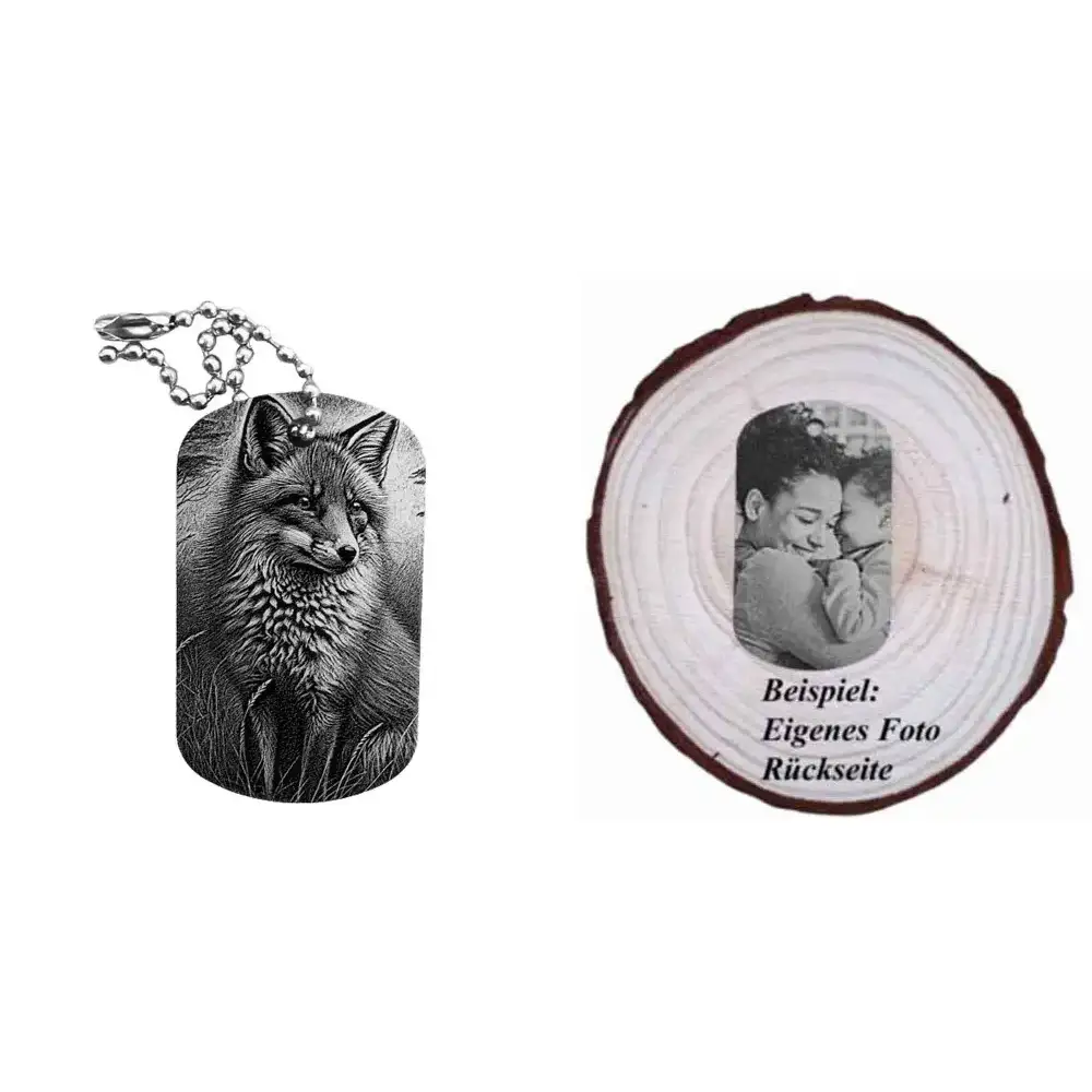 Schwarzer Dogtag Schlüsselanhänger mit Fuchs-Motiv, daneben Beispiel eines personalisierten Fotos auf der Rückseite.