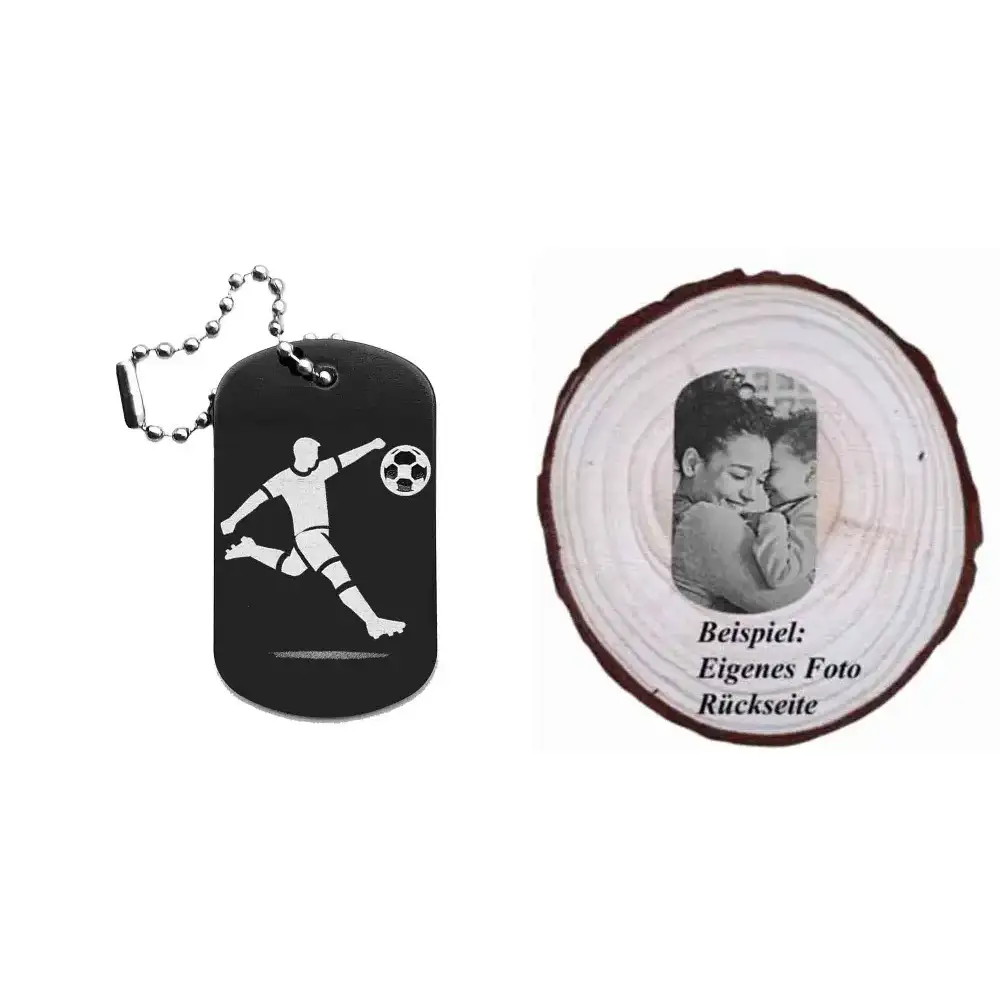 Dogtag mit Fußballmotiv, daneben Beispiel eines personalisierten Fotos