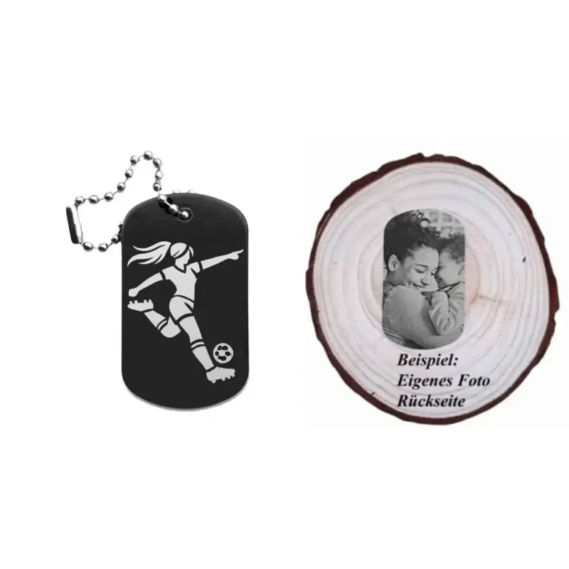 Dogtag mit Fußballerin-Motiv, daneben Beispiel eines personalisierten Fotos