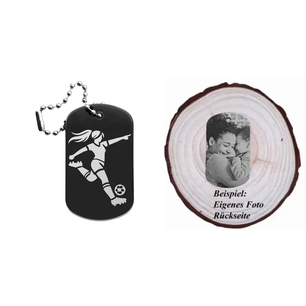 Dogtag mit Fußballerin-Motiv, daneben Beispiel eines personalisierten Fotos