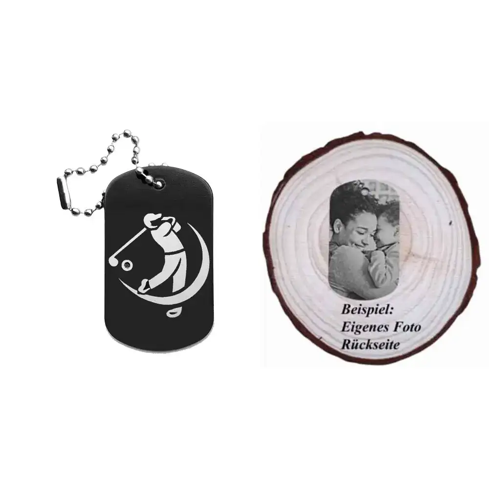 Dogtag mit Golfmotiv, daneben Beispiel eines personalisierten Fotos
