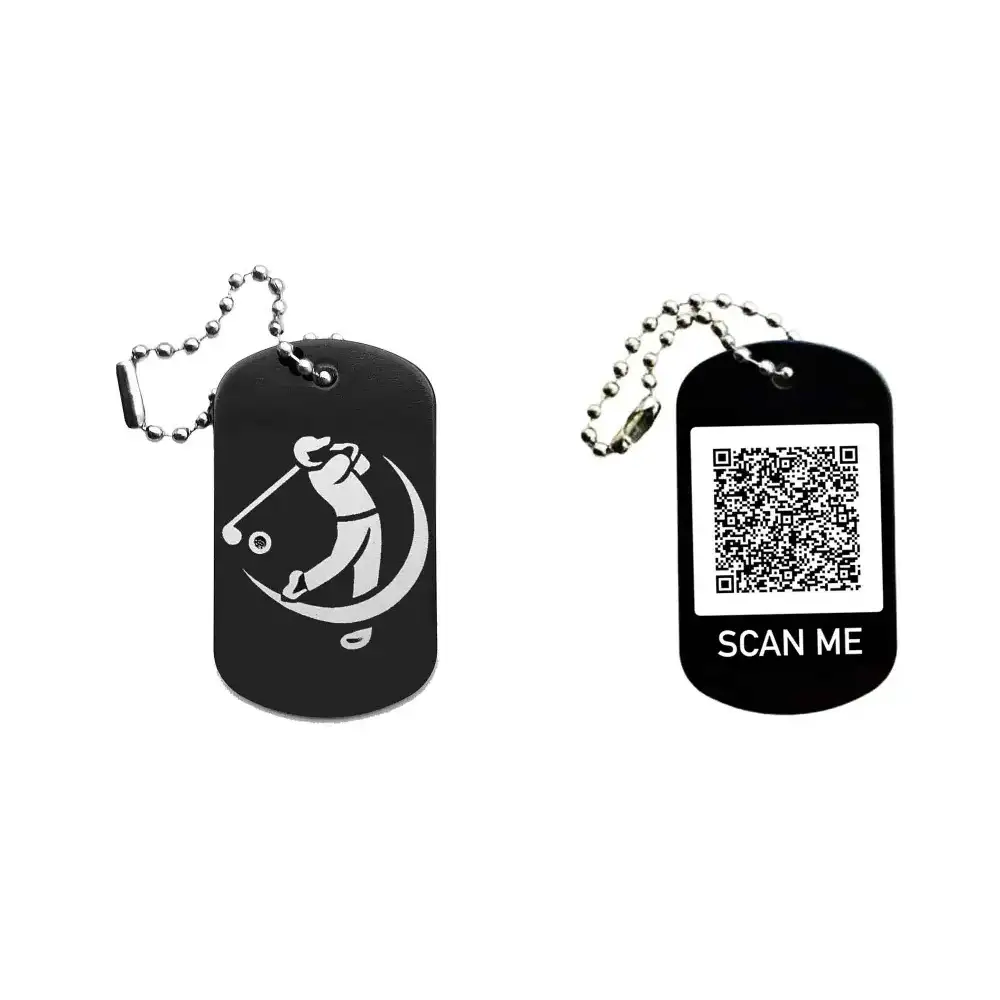 Dogtag mit Golfmotiv, daneben Beispiel eines personalisierten QR-Codes