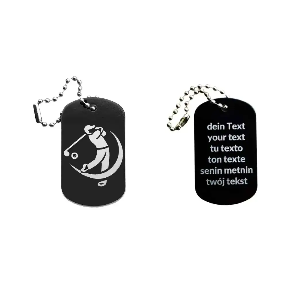 Dogtag mit Golfmotiv, daneben Beispiel eines personalisierten Textes
