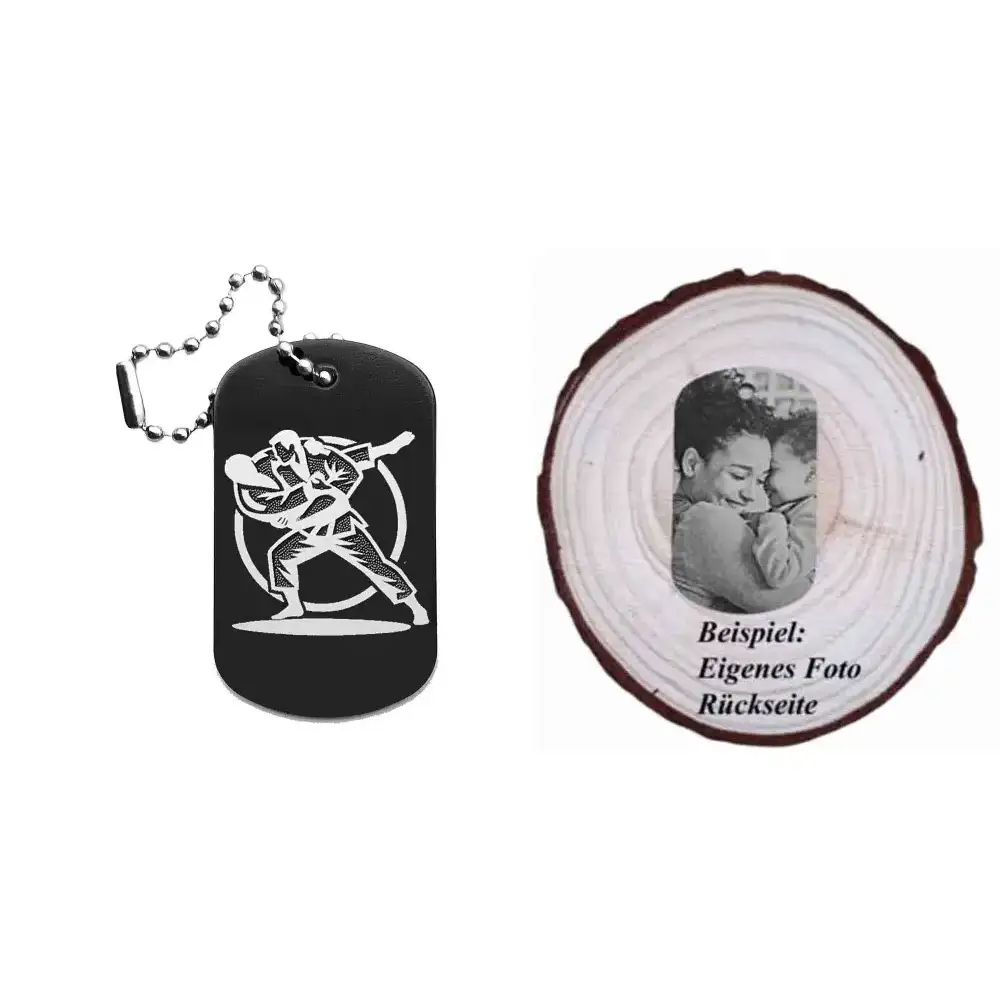 Dogtag mit Judomotiv, daneben Beispiel eines personalisierten Fotos